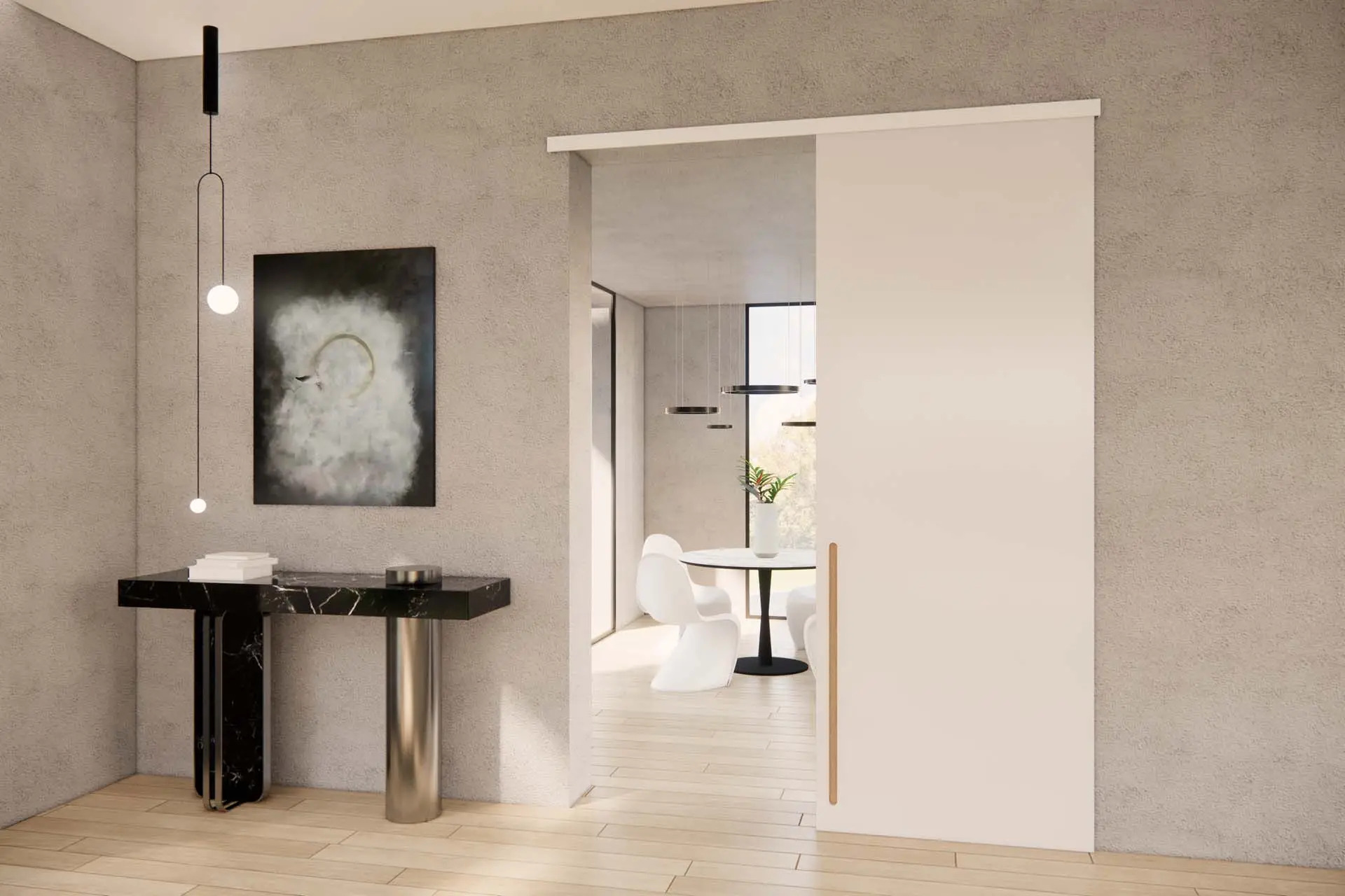 Madrid Laccato RAL 9010 Scorrevole Esterno Muro Con Binario Standard + Maniglia T Rovescia Curva Con Intarsio Rovere